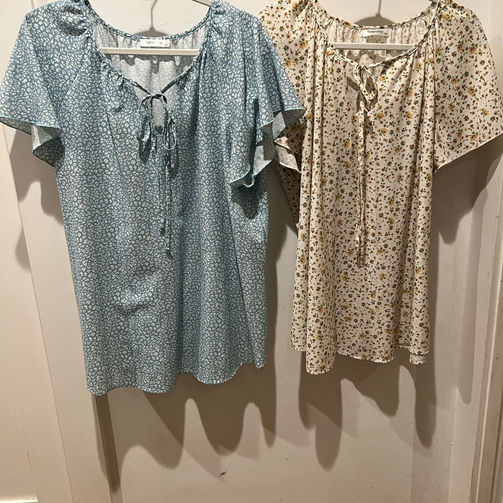 Simple Fun Women's Blue and Cream Floral Blouse with front neck tie Bundle